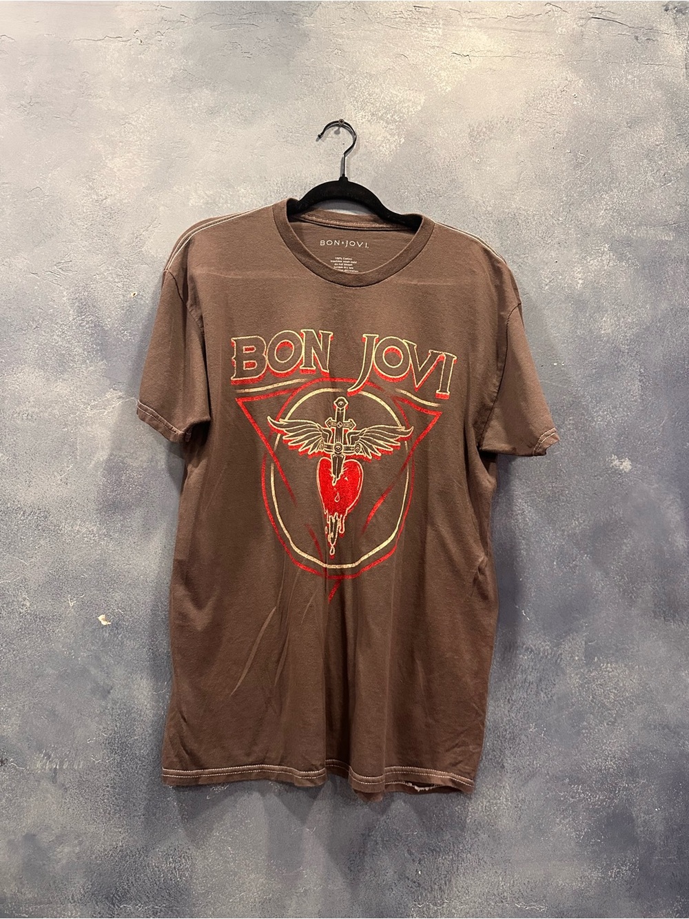 Bon Jovi Women’s Short Sleeve Graphic Tee - Brown with Red Heart